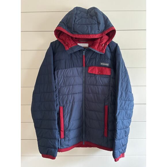 Columbia Men’s Lightweight Puffer Jacket Size M | Navy Red Hooded Insulated Coat - Picture 2 of 12